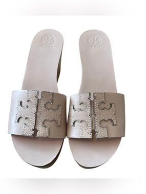 Tory Burch Ines‎ 80mm Wedge Slides Pink Silver Logo Sandals 9.5